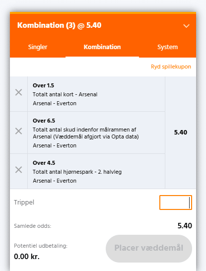 nye expekt bet builder Arsenal - Everton 14-12-2024